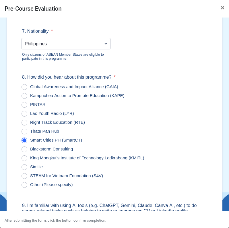 Pre-Course Evaluation form with Nationality set to Philippines and Smart Cities PH (SmartCT) selected